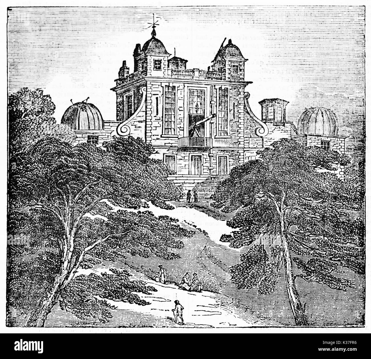 Ancient suggestive view of Royal observatory Greenwich (Flamsteed house) London, surrounded by nature and trees. Old Illustration by unidentified author published on Magasin Pittoresque Paris 1834 Stock Photo