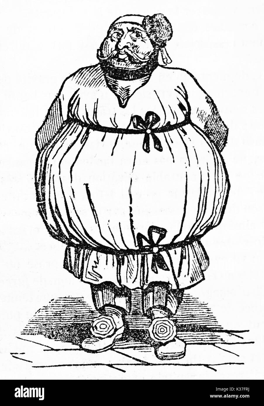 Full body ancient funny portrait of a fat man wearing antique clothes, Gros-Guillaume, French actor. Old Illustration by unidentified author published on Magasin Pittoresque Paris 1834 Stock Photo