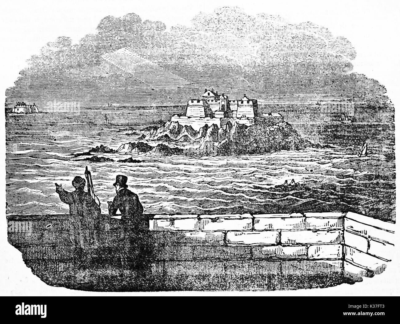 Top view of Harbour isle (and Petit Bè tidal island in background) from Saint Malo rampart. Old Illustration by unidentified author published on Magasin Pittoresque Paris 1834 Stock Photo