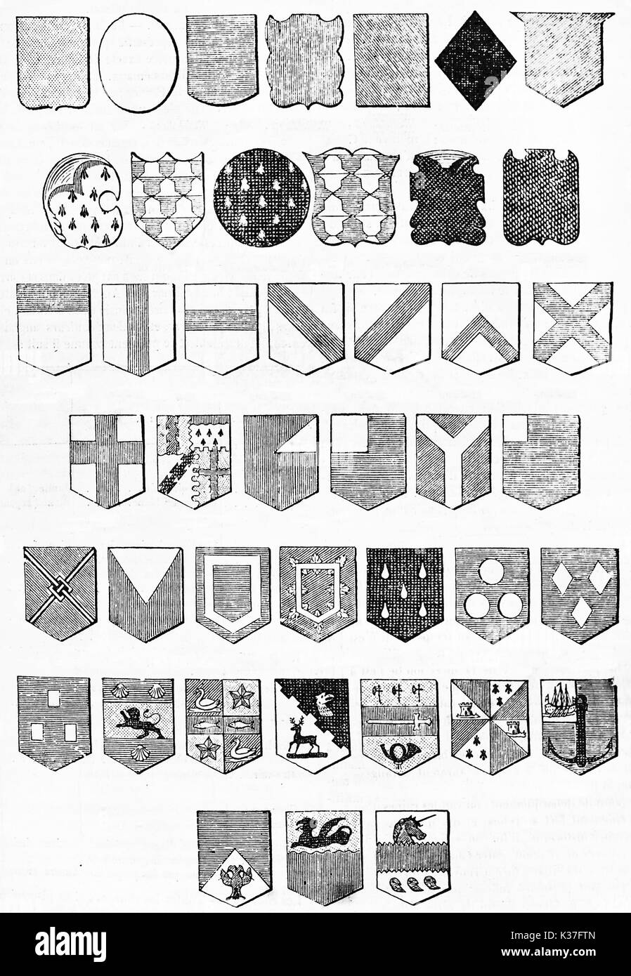 Large collection of medieval coats-of-arms shields, isolated elements on white background. Old Illustration by unidentified author published on Magasin Pittoresque Paris 1834 Stock Photo