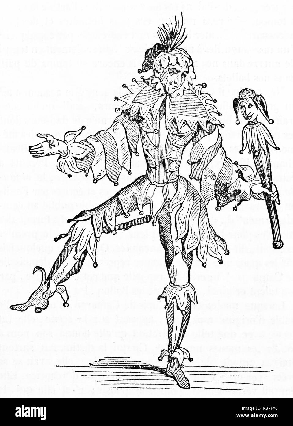 Ancient Jester posing on one leg wearing his costume and holding a scepter. Old Illustration by unidentified author published on Magasin Pittoresque Paris 1834 Stock Photo