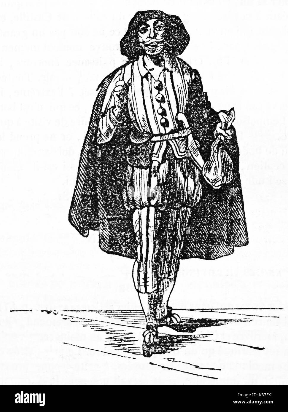 Ancient full body portrait of Jodelet (Julien Bedeau 1586 - 1660), French actor, in his scene costume on stage. Old Illustration by unidentified author published on Magasin Pittoresque Paris 1834 Stock Photo