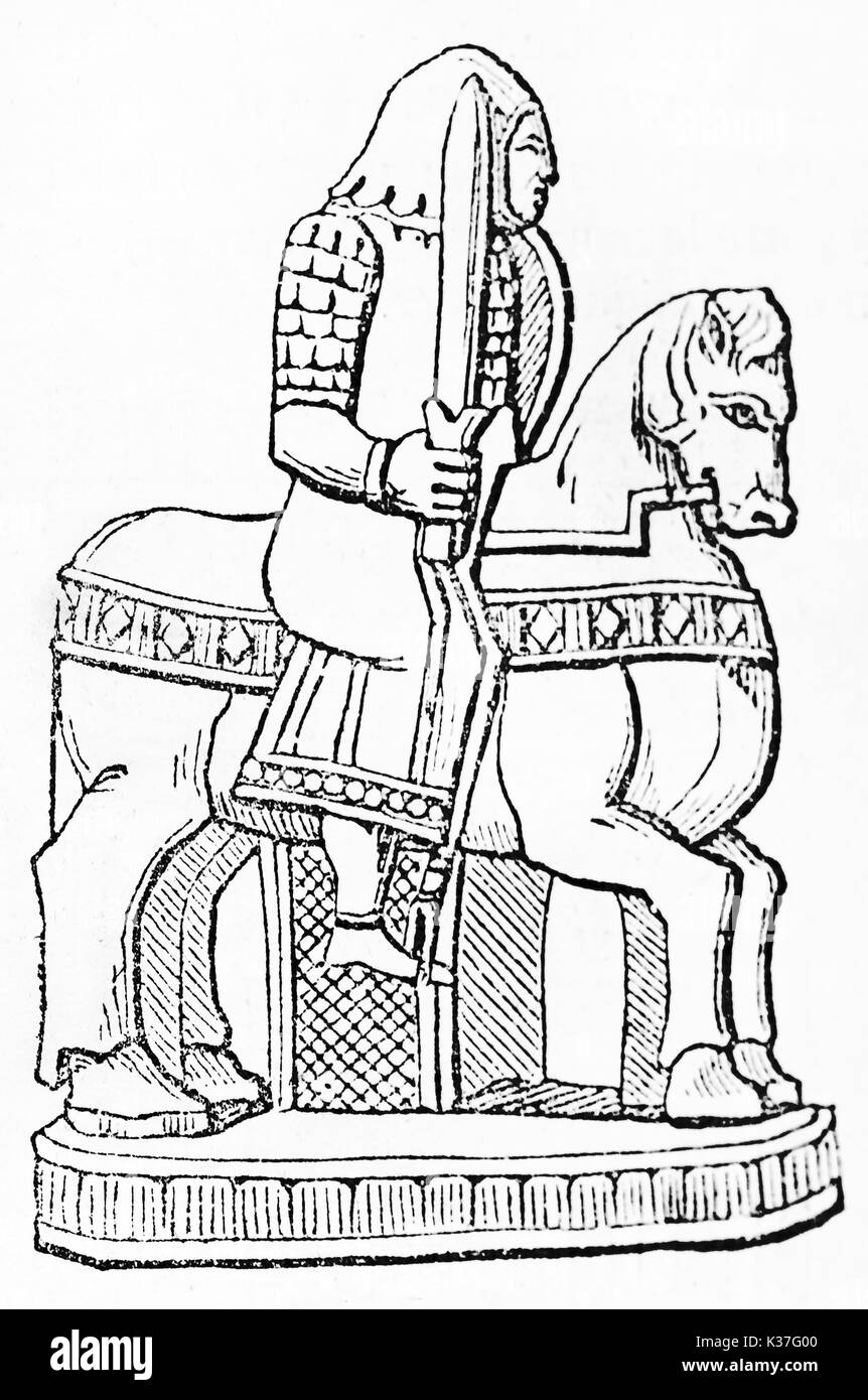 Old illustration of antique chess piece: the Knight (The Charlemagne Chess set, kept in the Cabinet des Medailles, Paris). By unidentified author, published on Magasin Pittoresque, Paris, 1834. Stock Photo