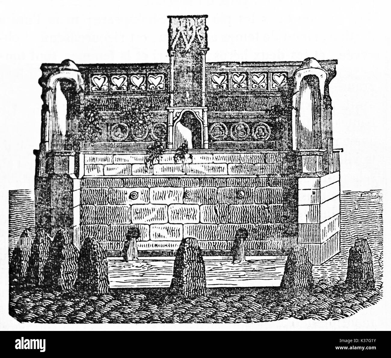 Ancient Louis XII stone fountain in Blois, France (Herb market). Old Illustration by unidentified author, published on Magasin Pittoresque, Paris, 1834 Stock Photo
