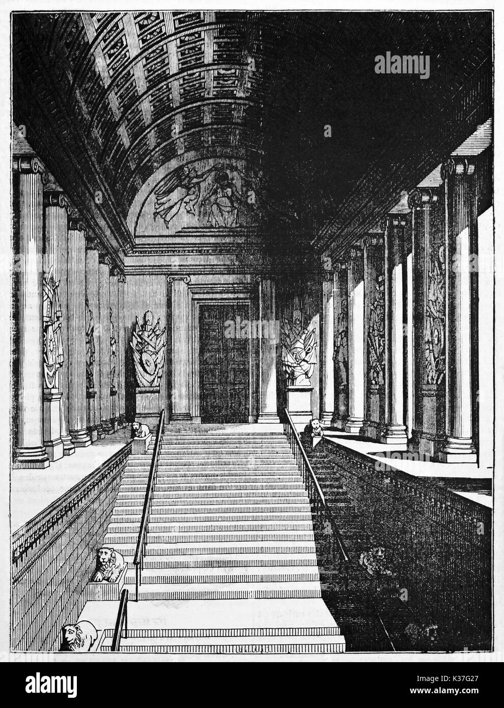 Luxenbourg Palace staircase, Paris. Interior context and central perspective. Old Illustration by Jackson, published on Magasin Pittoresque, Paris, 1834 Stock Photo