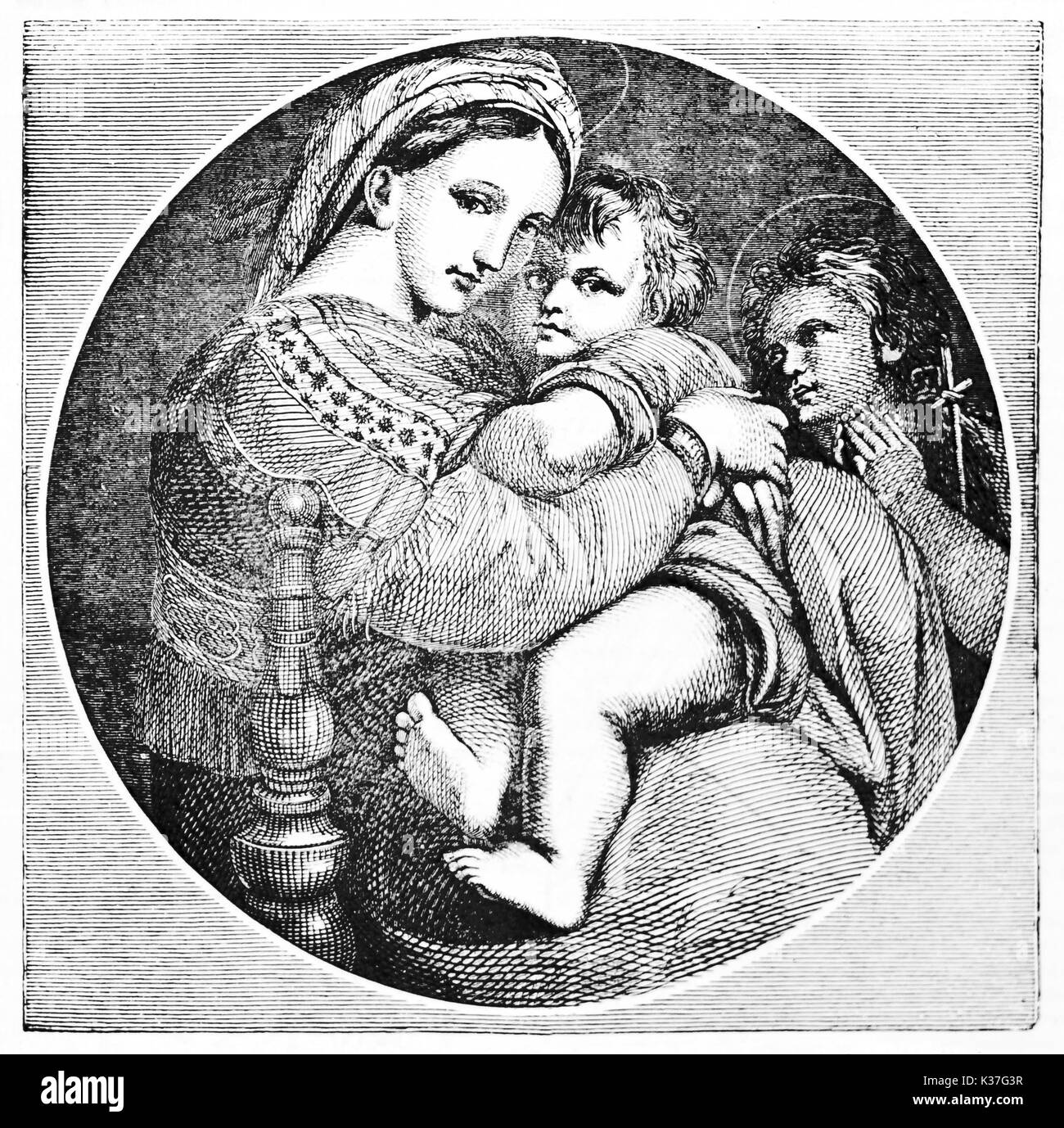 Raphael's picture Madonna della Seggiola (Virgin on chair) black and white reproduction. Created Old Illustration by Morghen and Jackson after Raphael, published on Magasin Pittoresque, Paris, 1834 Stock Photo