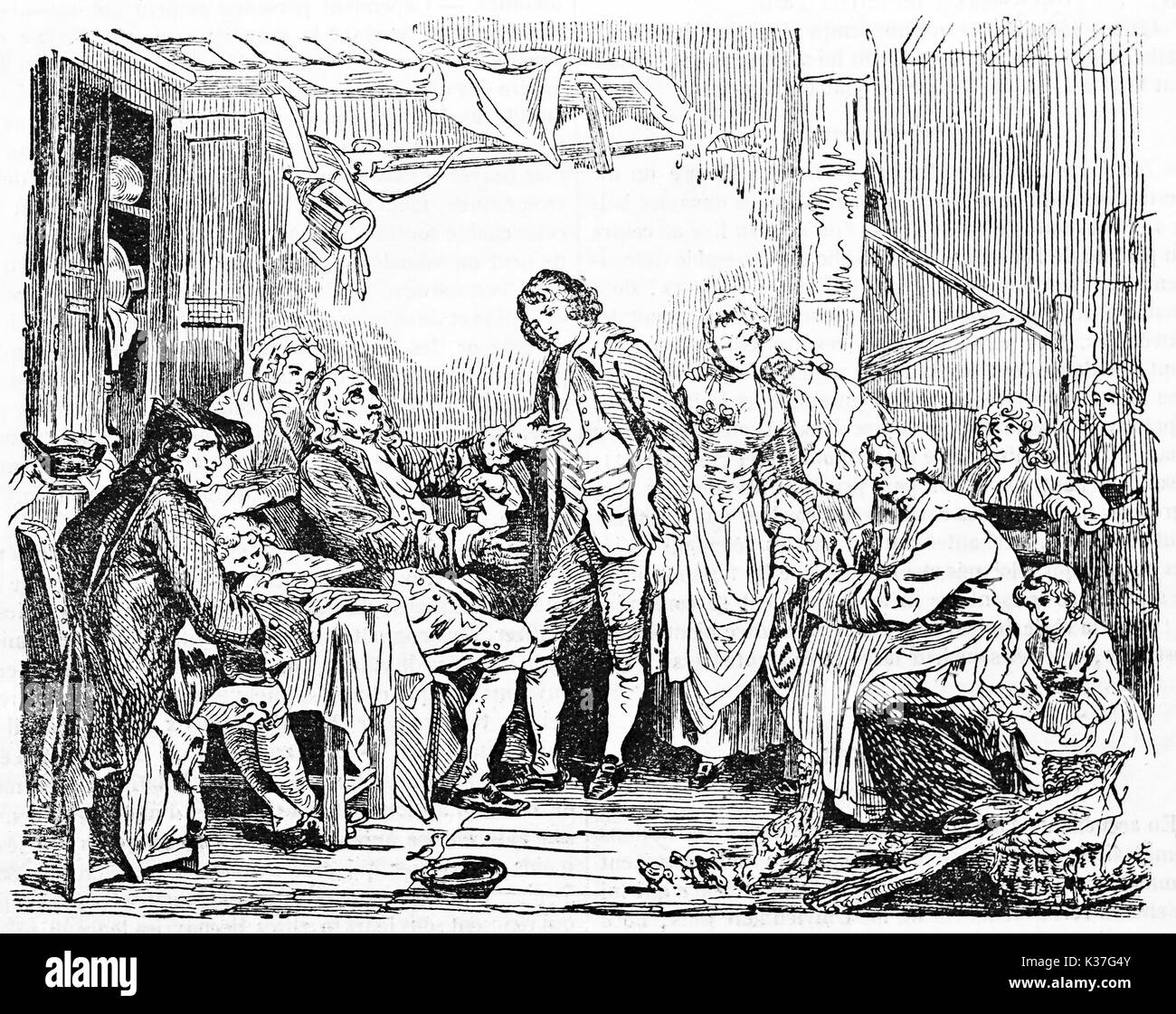 Stipulation of an ancient marriage contract in a room full of people wearing ancient clothes. Old illustration by J.B. Greuze, published on Magasin Pittoresque, Paris, 1834 Stock Photo