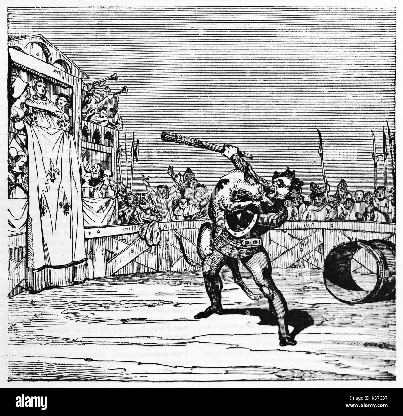 The dog and Macarie fighting in an arena as said medieval legend of Montargis dog. Old Illustration by unidentified author, published on Magasin Pittoresque, Paris, 1834 Stock Photo