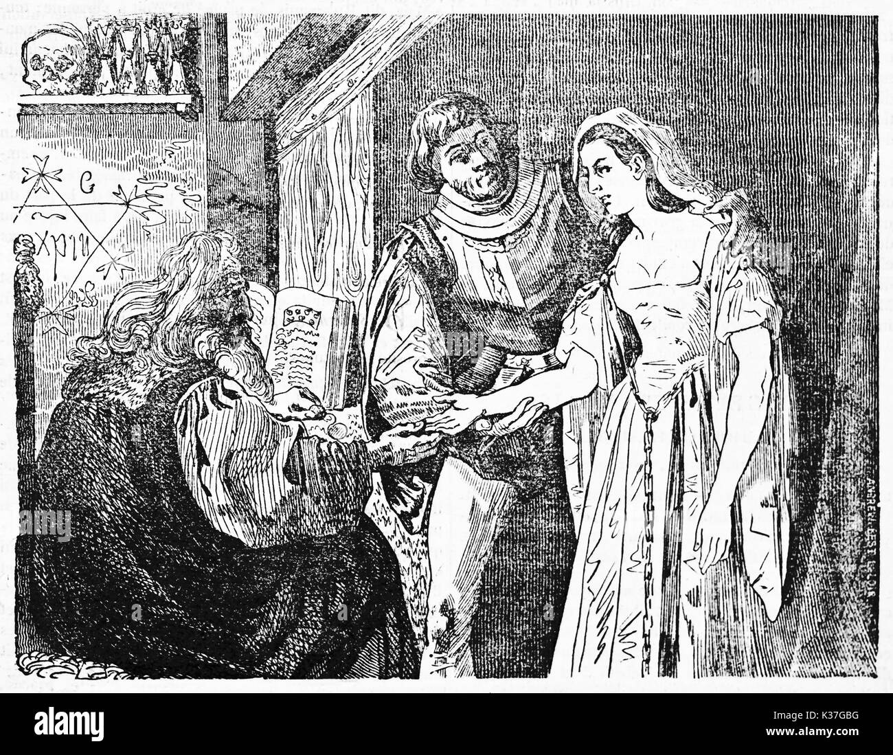 Fortune teller reads woman hand in a esoteric chiromancy room. Old Illustration by unidentified author, published on Magasin Pittoresque, Paris, 1834 Stock Photo