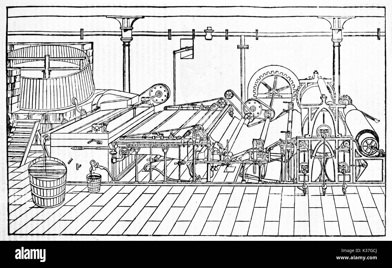 Explication of a ancient paper making machine with his wheels and gears. Old Illustration by unidentified author, published on Magasin Pittoresque, Paris, 1834 Stock Photo
