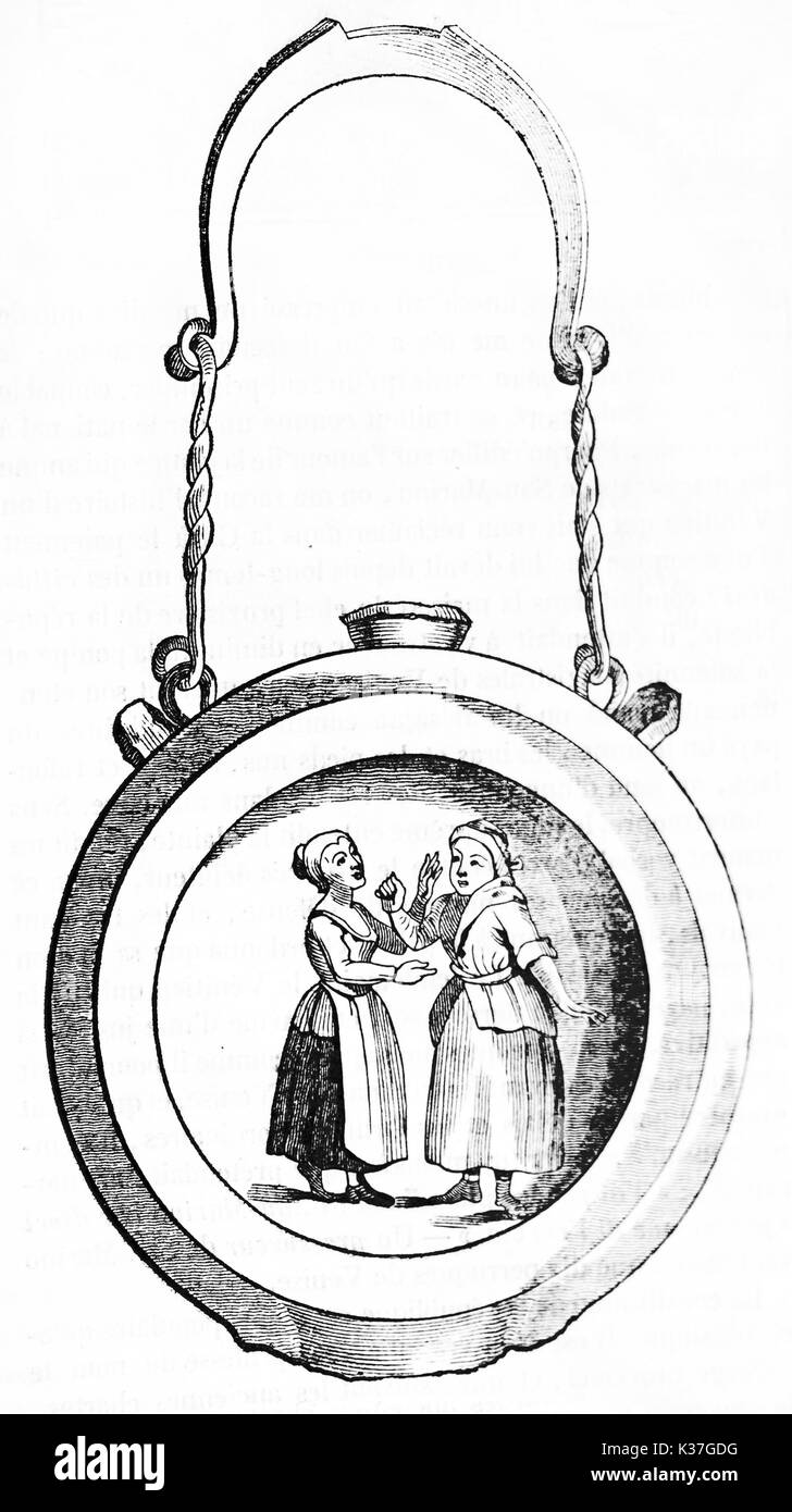 Medieval pendant that was placed on the neck of slanderers and quarrelsome women in middle ages. Old Illustration by unidentified author, published on Magasin Pittoresque, Paris, 1834 Stock Photo