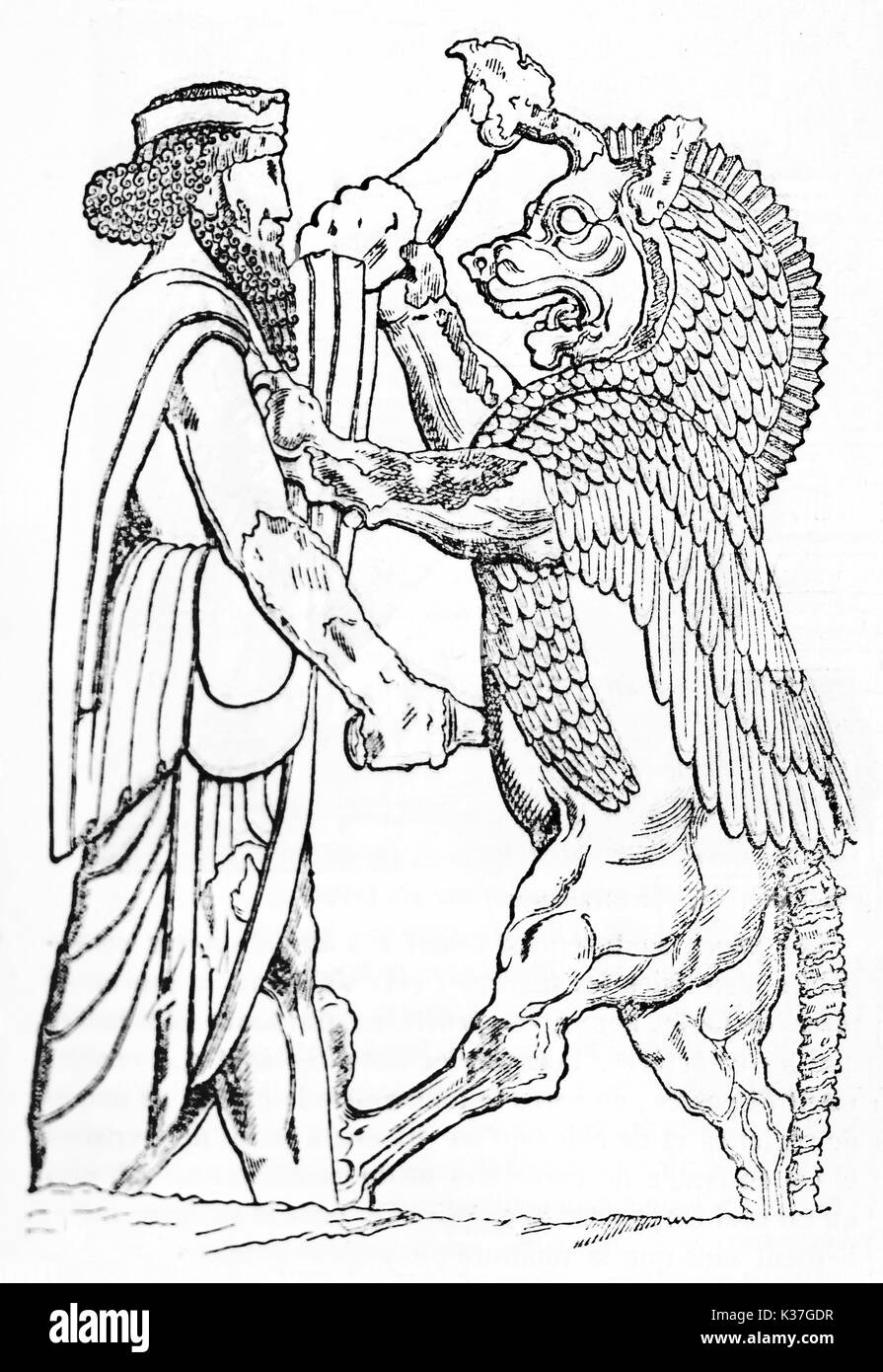 Ancient king fighting with a monster, both fighters displayed in profile view. Persepolis bas relief. Old Illustration by Muret, published on Magasin Pittoresque, Paris, 1834 Stock Photo