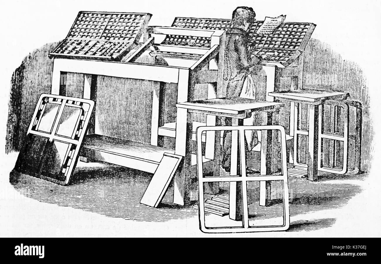 Old illustration of movable type composition in printing workshop. Old Illustration by unidentified author publ. on Magasin Pittoresque Paris 1834 Stock Photo