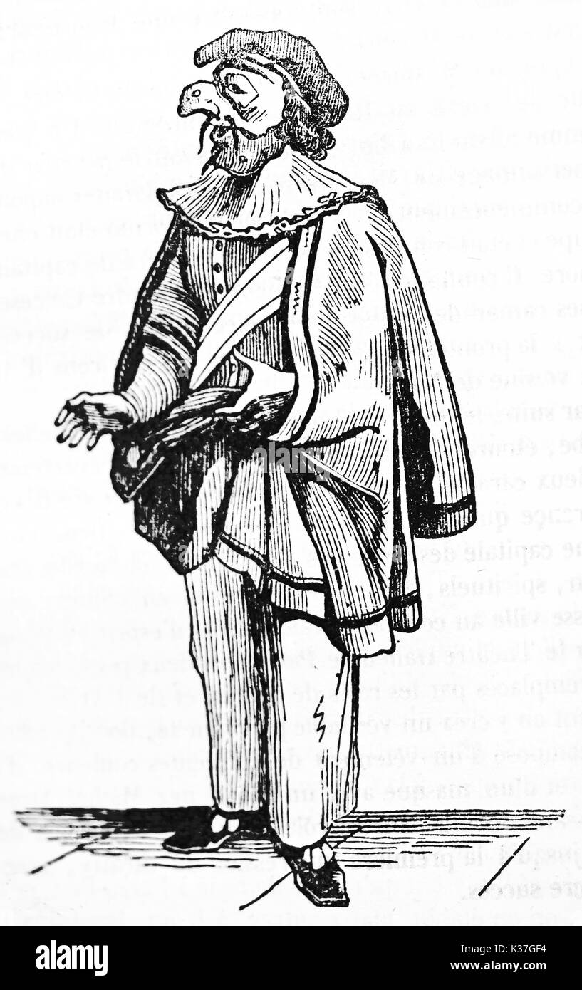 Old illustration depicting Pulcinella, classical Italian character. By unidentified author, published on Magasin Pittoresque, Paris, 1834 Stock Photo