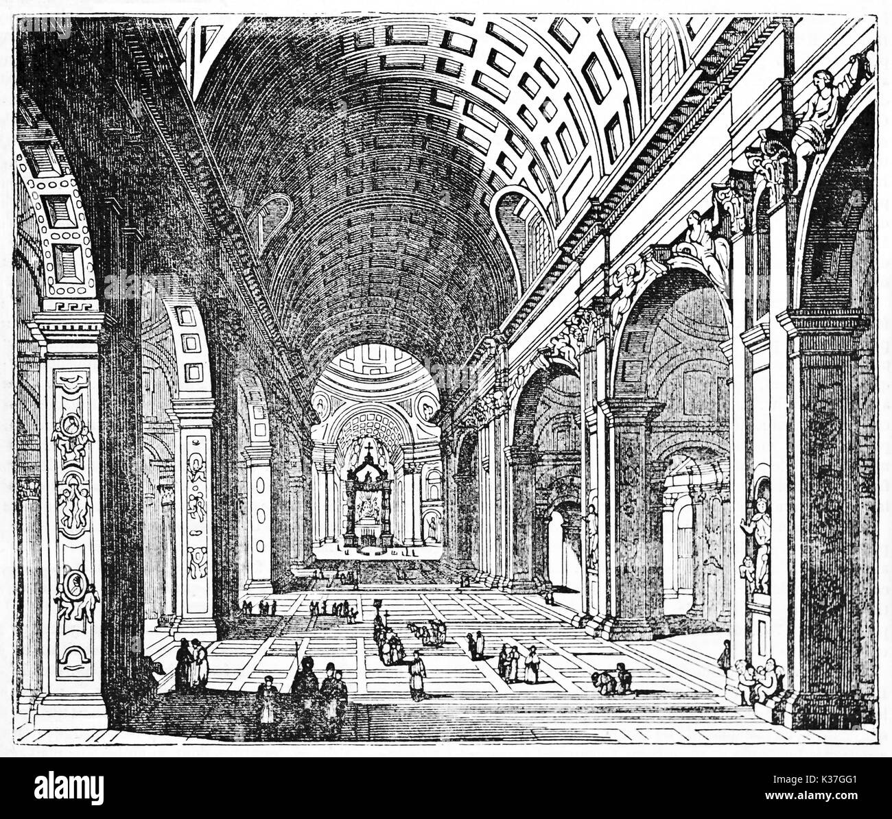 Awesome central perspective view of Saint Peter basilica interior Rome. Old Illustration by unidentified author published on Magasin Pittoresque Paris 1834 Stock Photo