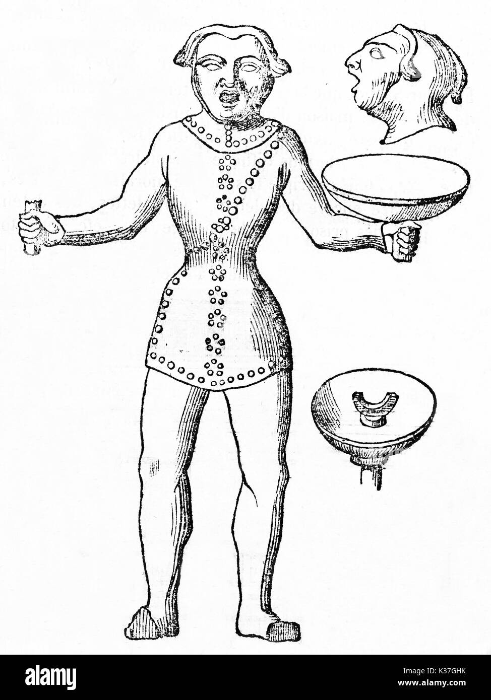 Reproduction of a bronze statue depicting a Salian man (Bentinck-Donop cabinet of antiquities) in a minimal outline style. Old Illustration by unidentified author published on Magasin Pittoresque Paris 1834 Stock Photo