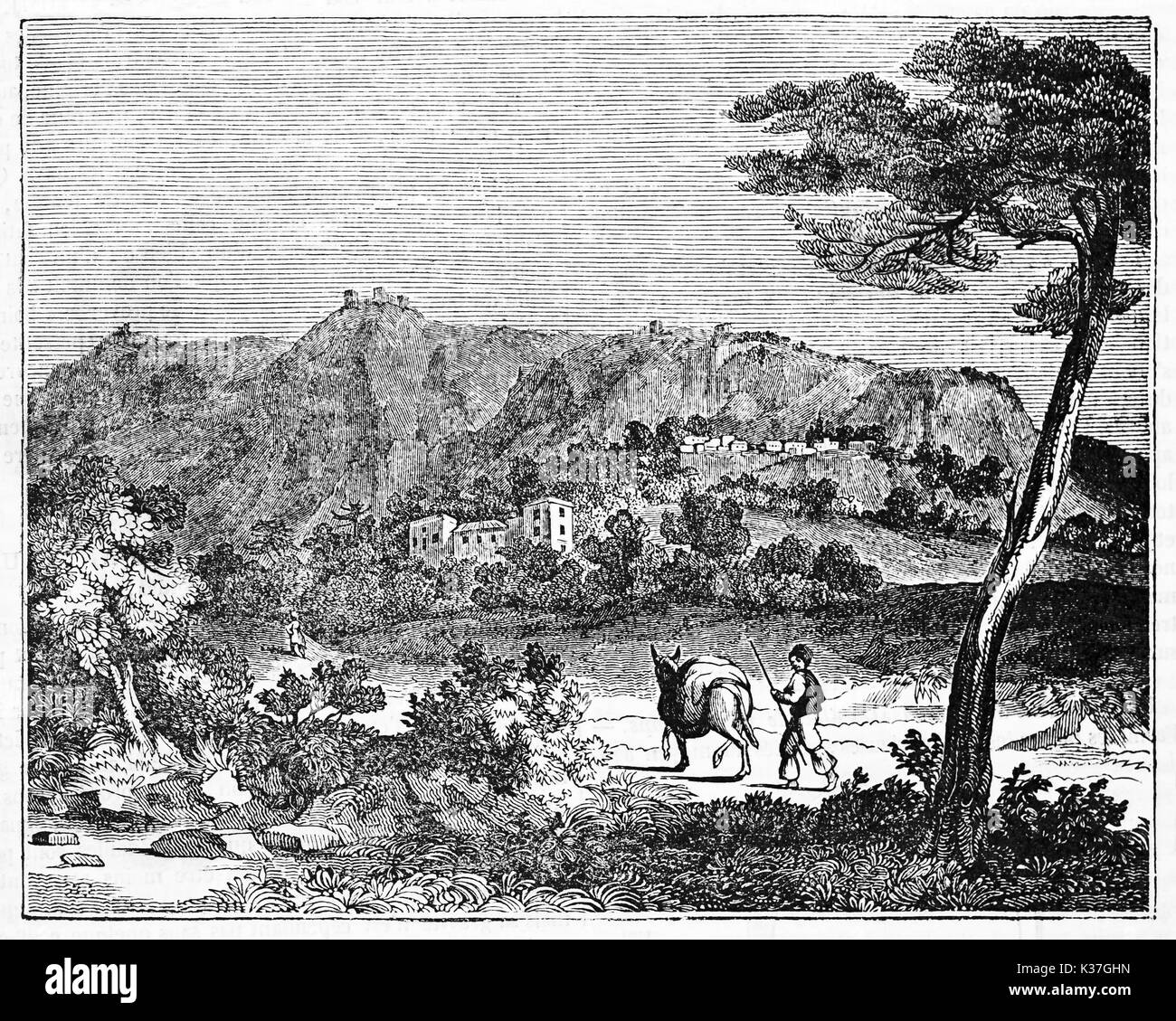 Ancient man travelling with his mule on a country path to San Marino mountain. Old Illustration by unidentified author published on Magasin Pittoresque Paris 1834 Stock Photo