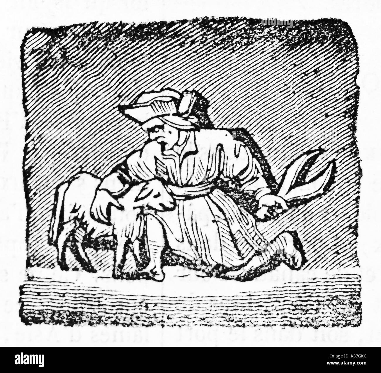 Old iconic illustration of a sheep shearer in a square frame. After drawing of destroyed misericord in Corbeil Saint-Spire cathedral. Published on Magasin Pittoresque Paris 1834 Stock Photo