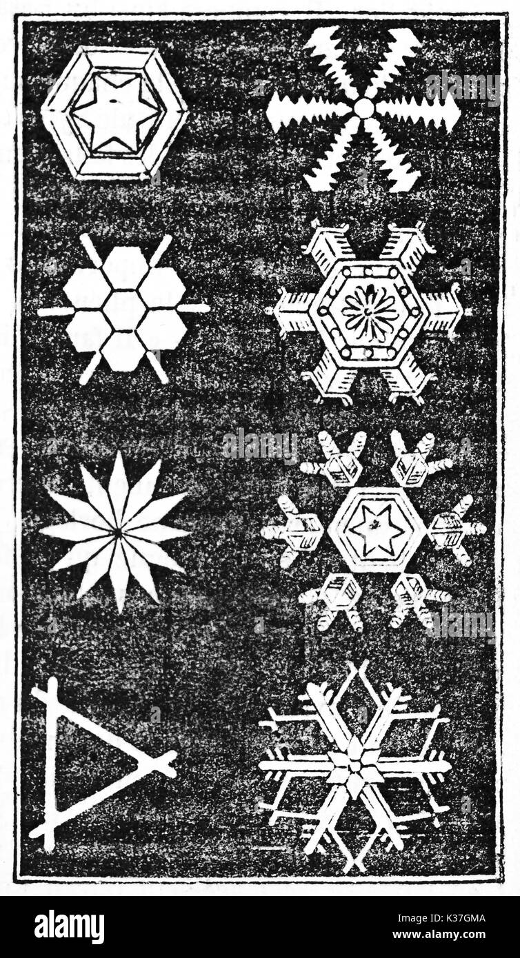 White vintage snow crystal shapes on a black rough background. Old Illustration by unidentified author published on Magasin Pittoresque Paris 1834 Stock Photo