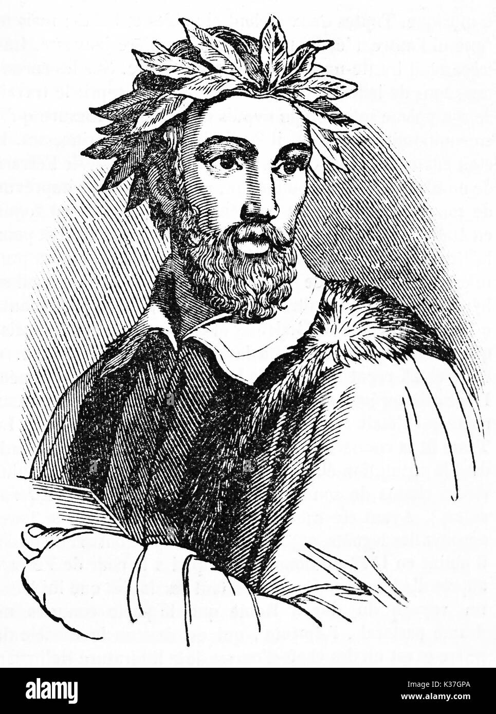 Half body portrait of Torquato Tasso (1544 - 1595) Italian poet with the classic laurel crown. Old Illustration by unidentified author published on Magasin Pittoresque Paris 1834 Stock Photo