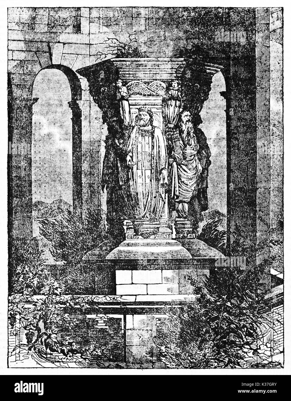 The Well of Mose Dijon France, ancient medieval stone monument holded by human statues. Rough illustration by unidentified author published on Magasin Pittoresque Paris 1834 Stock Photo