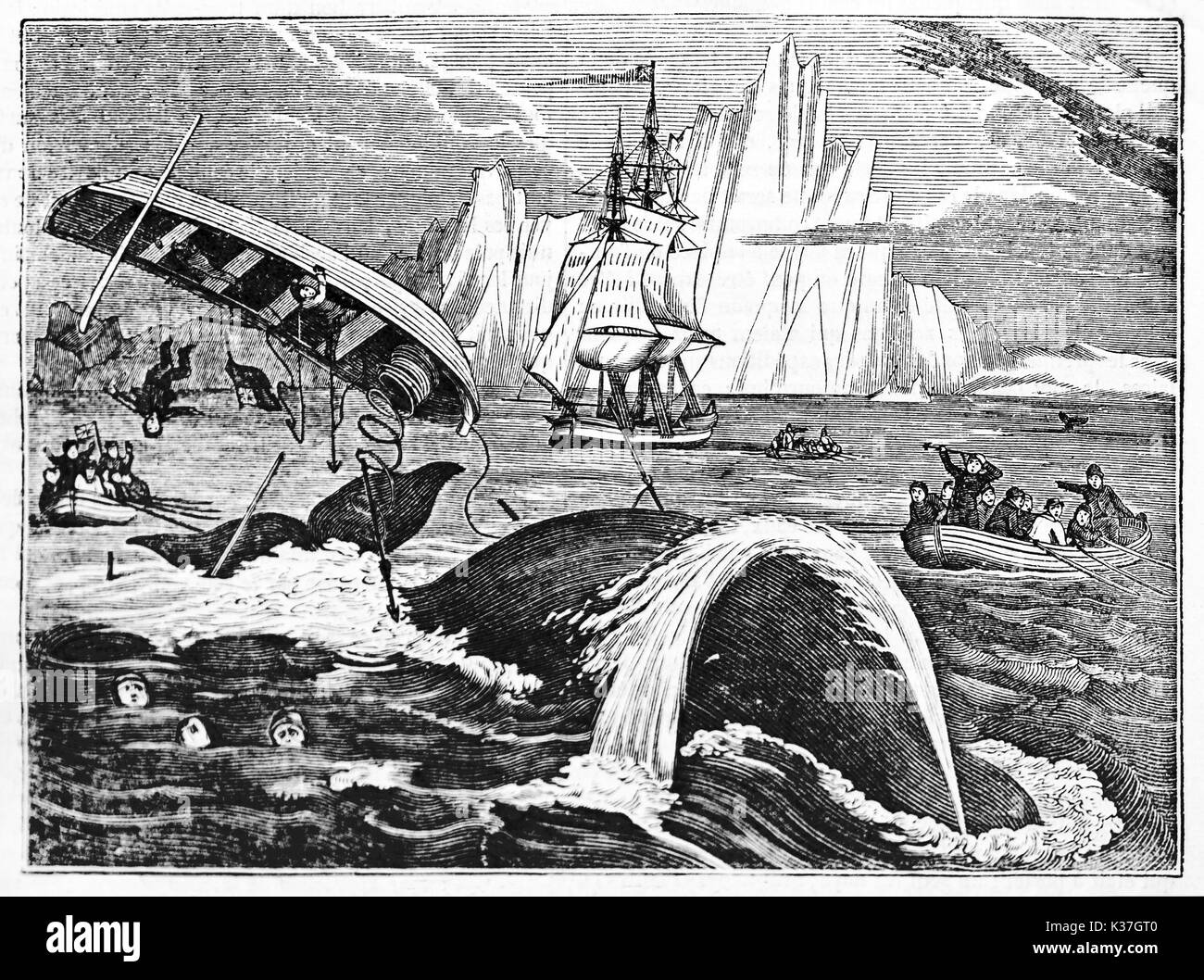 Boat tossed while whaling, ancient accident in the North Sea with an iceberg on background. Old Illustration by unidentified author published on Magasin Pittoresque Paris 1834 Stock Photo