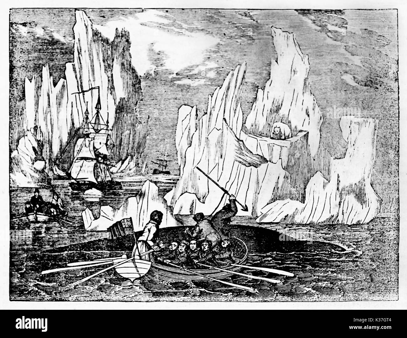Ancient rough illustration of a boat whaling in the cold North Sea with icebergs on background. Old Illustration by unidentified author published on Magasin Pittoresque Paris 1834 Stock Photo