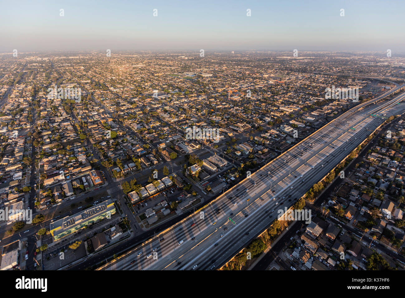 Afternoon aerial of the Harbor 110 freeway in South Los Angeles. Stock Photo