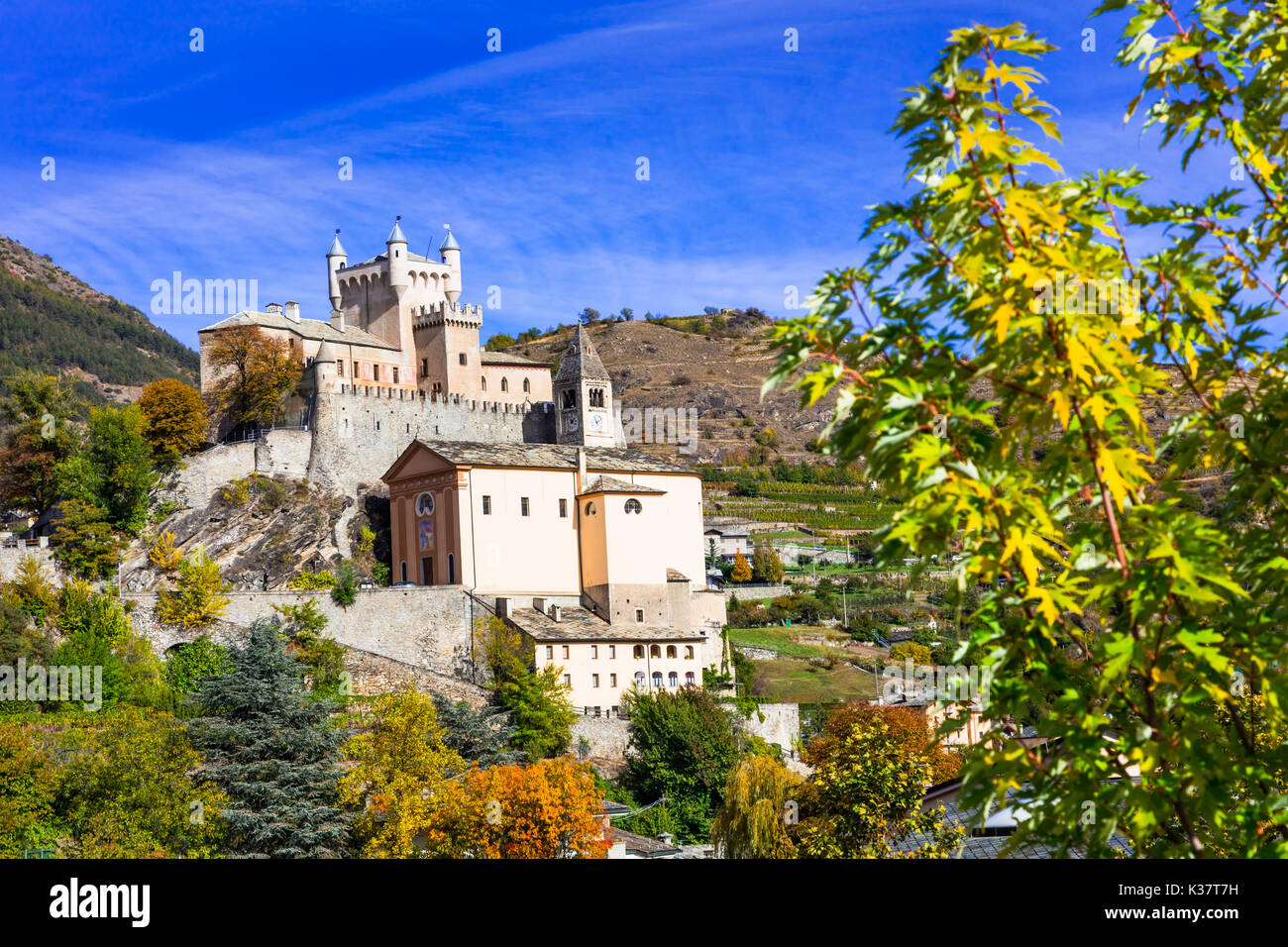 Beautiful Saint-Pierre castle,panoramic view,Valle d'Aosta,Italy. Stock Photo