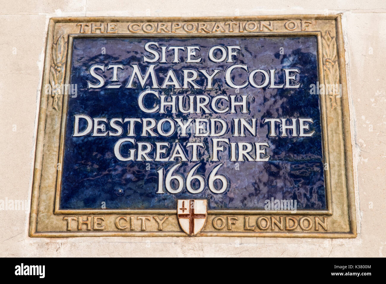 LONDON, UK - AUGUST 25TH 2017: A blue plaque marking the location where St. Mary Cole Church once stood in London, on 25th August 2017. Stock Photo