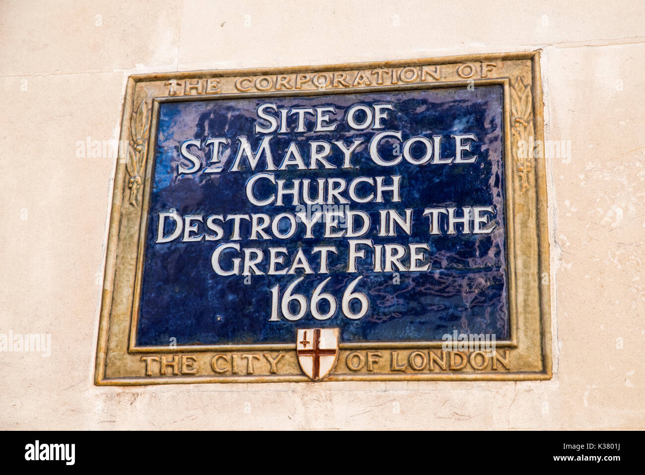LONDON, UK - AUGUST 25TH 2017: A blue plaque marking the location where St. Mary Cole Church once stood in London, on 25th August 2017. Stock Photo
