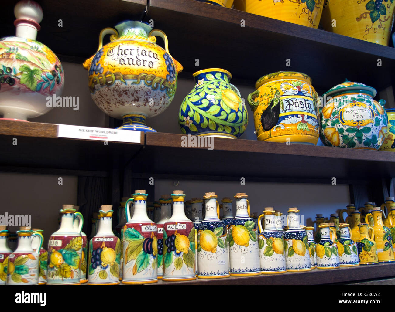 Italian-style jugs and jars for sale, San Gimignano, Tuscany, Italy. Stock Photo