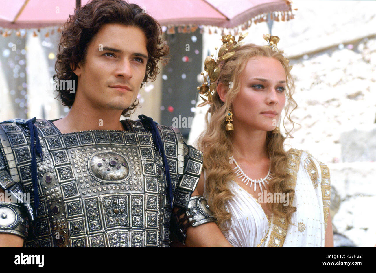 ORLANDO BLOOM as 'Paris' and DIANE KRUGER as 'Helen' in Warner Bros. Pictures' epic action adventure Troy, also starring Brad Pitt and Eric Bana. PHOTOGRAPHS TO BE USED SOLELY FOR ADVERTISING, PROMOTION, PUBLICITY OR REVIEWS OF THIS SPECIFIC MOTION PICTURE AND TO REMAIN THE PROPERTY OF THE STUDIO. NOT FOR SALE OR REDISTRIBUTION.    TROY [US 2004]  ORLANDO BLOOM as 'Paris' and DIANE KRUGER as 'Helen'  ORLANDO BLOOM as 'Paris' and DIANE KRUGER as 'Helen' in Warner Bros. Pictures' epic action adventure Troy, also starring Brad Pitt and Eric Bana. PHOTOGRAPHS TO BE USED SOL Stock Photo