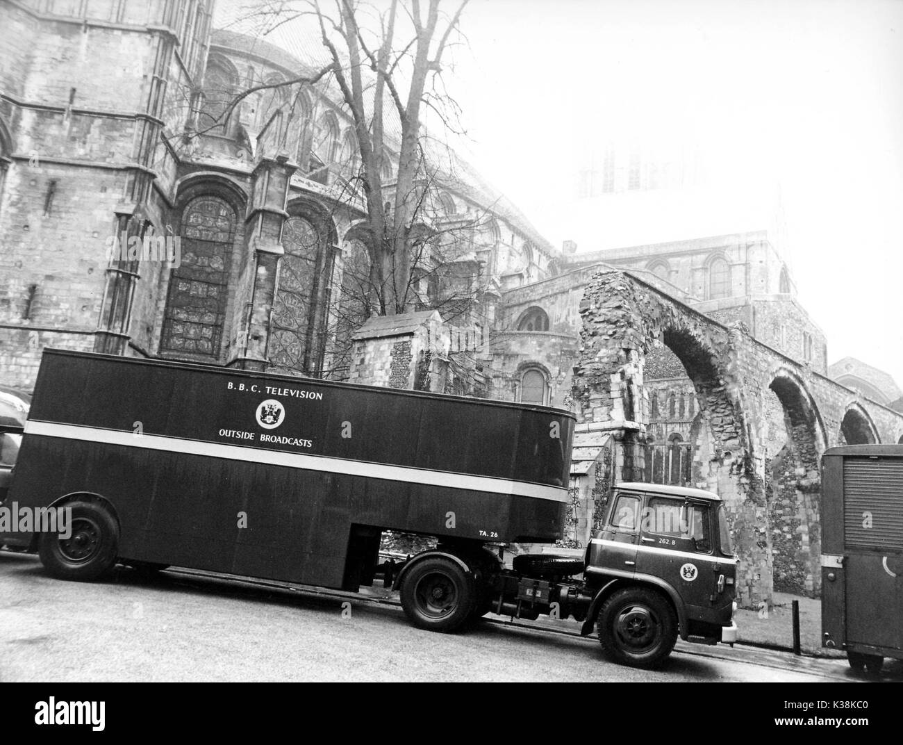 BBC OUTSIDE BROADCAST VAN OUTSIDE A CATHEDRAL Stock Photo