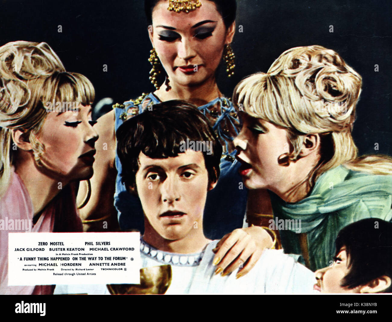 A FUNNY THING HAPPENED ON THE WAY TO THE FORUM MICHAEL CRAWFORD , JENNIFER OR SUSAN BAKER [either side], LUCIENNE BRIDOU [behind], HELEN FUNAI [bottom right]     Date: 1966 Stock Photo