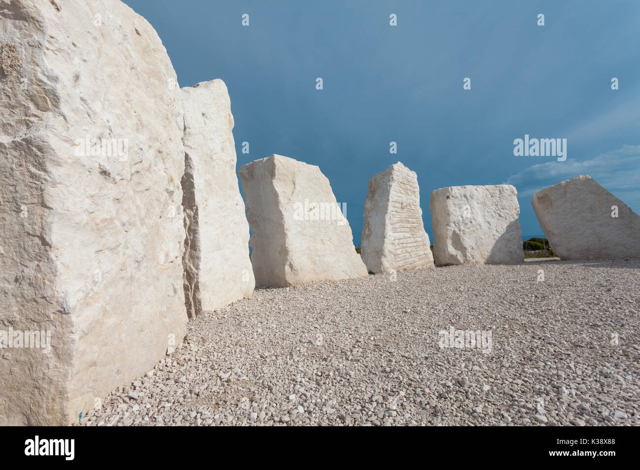 Standing stones or stone circle on Portland, Dorset UK, which are new but imitating neolithic sites Stock Photo