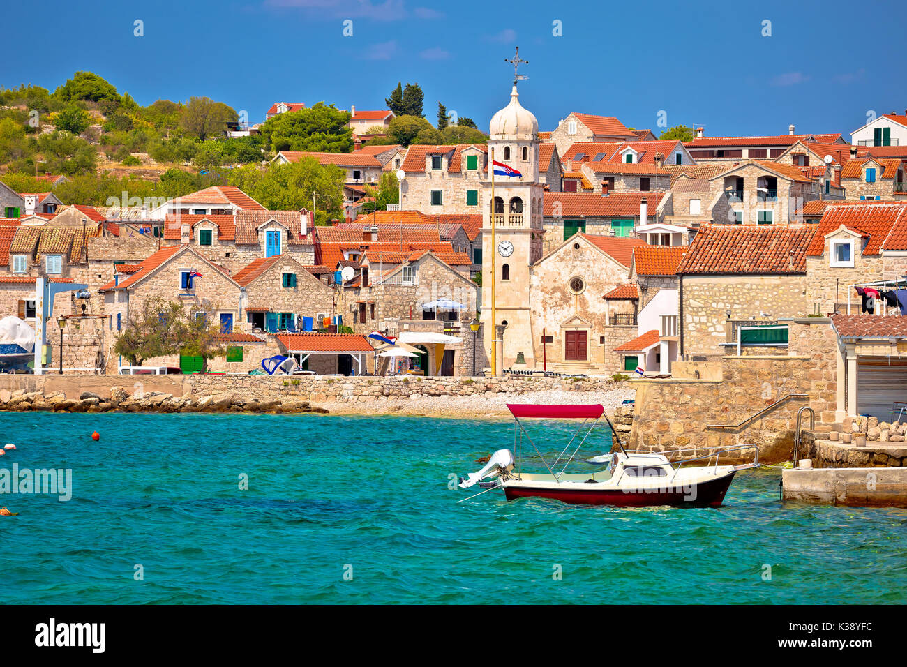 Prvic Sepurine waterfront and stone architecture view, Sibenik archipelago of Croatia Stock Photo