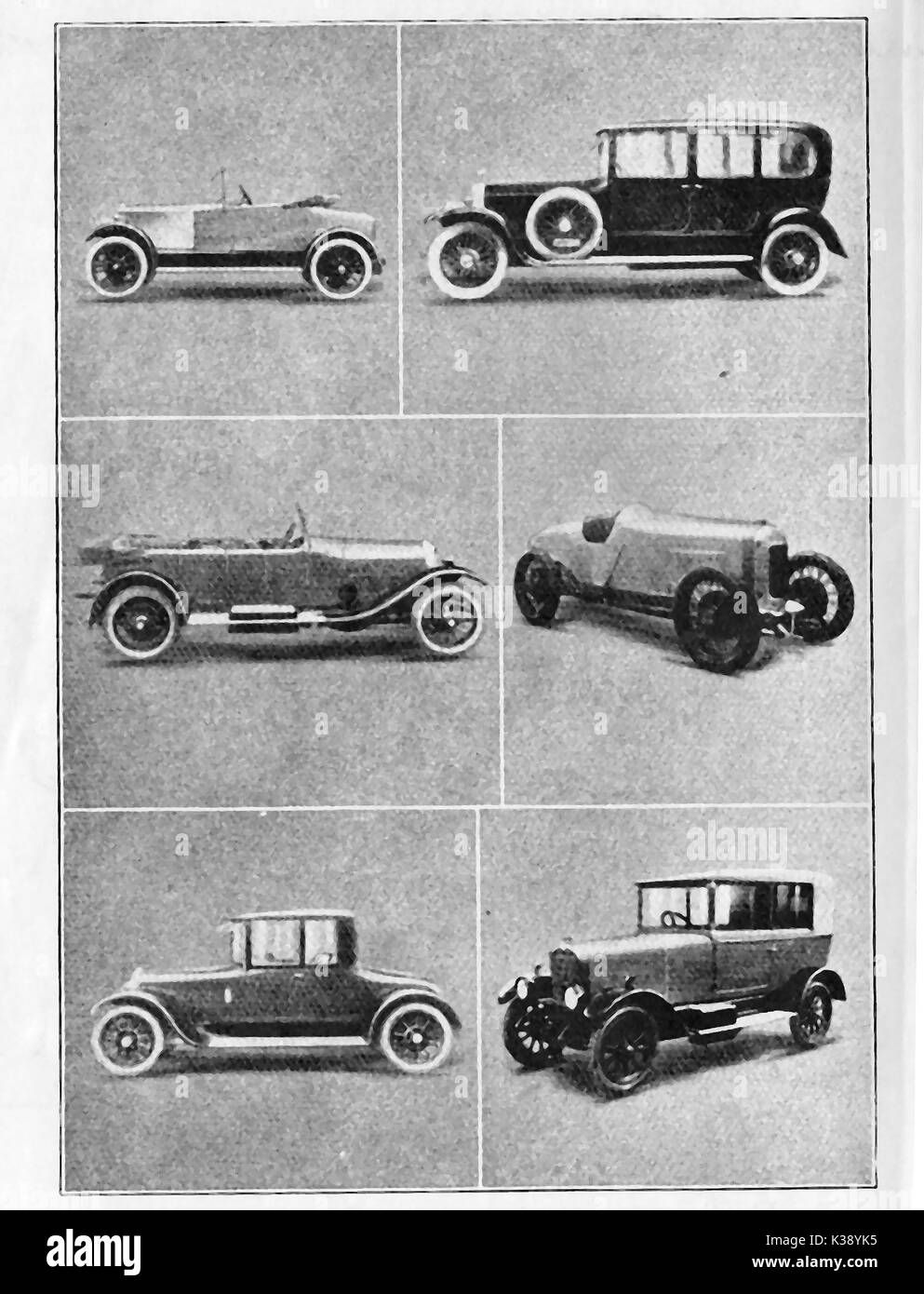 A selection of English automobiles of the 1920's from a 1924 illustration  - l to r  Charron Laycock -Roll's Royce saloon -Bentley Tourer - Sunbeam racer - Sunbeam coupe -Hillman 'all weather' Stock Photo