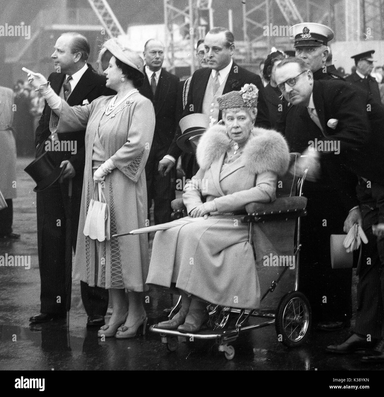5th May 1951: Queen Elizabeth the Queen Mother, Queen Mary , Prince Henry the  Duke of Gloucester during a visit to the Festival of Britain on the South Bank in London 5th May 1951. Stock Photo