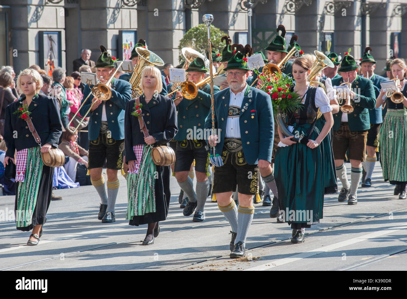 Oktoberfest in Munich is the biggest beer and folk festival in the world. The public opening parade takes place with 9000 participants Stock Photo