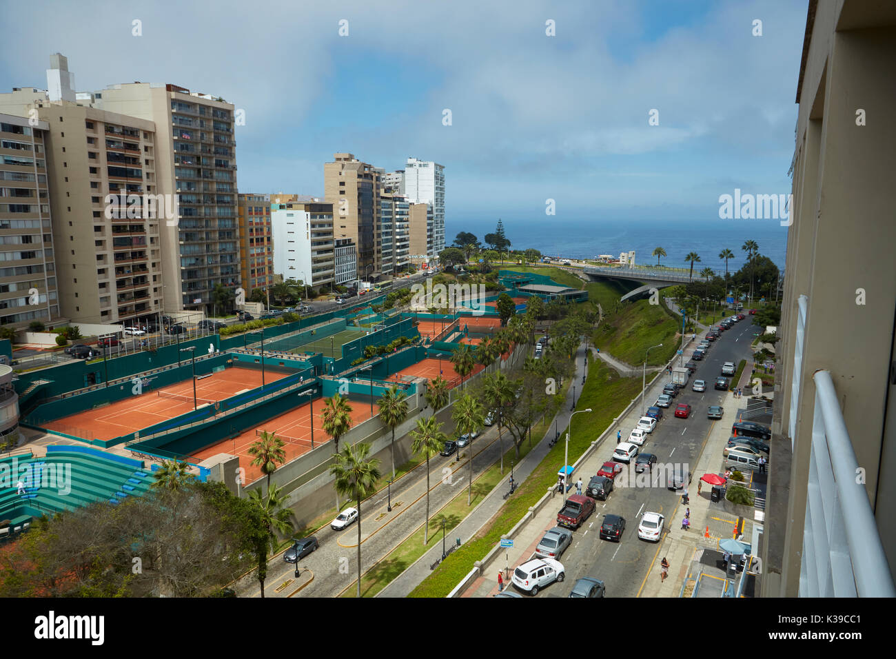 Apartments and tennis courts along Malecon Balta, Miraflores, Lima, Peru, South America Stock Photo