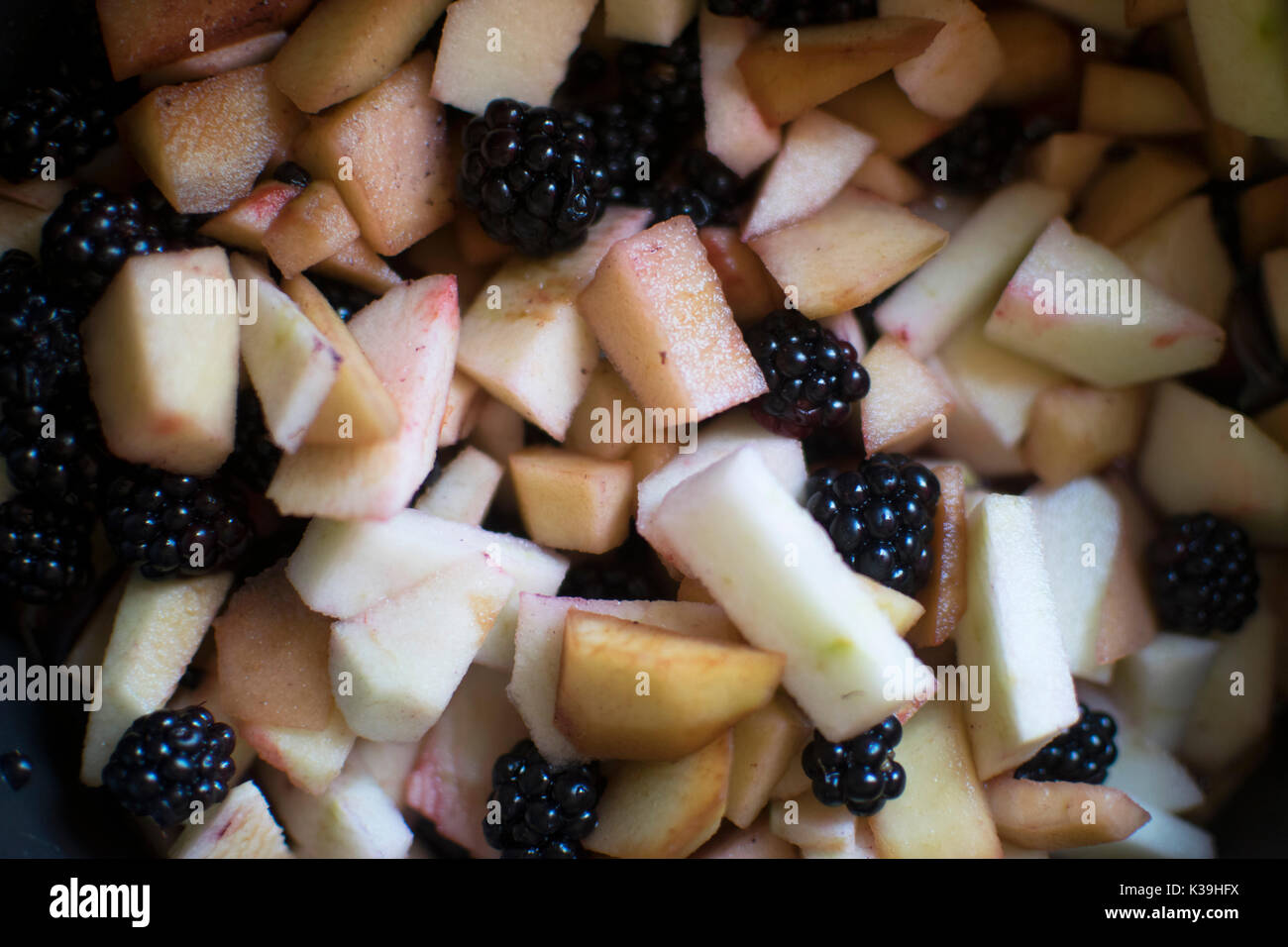 Prepared home-grown apples and wild blackberries, reading for cooking. Harriet Baggley Stock Photo