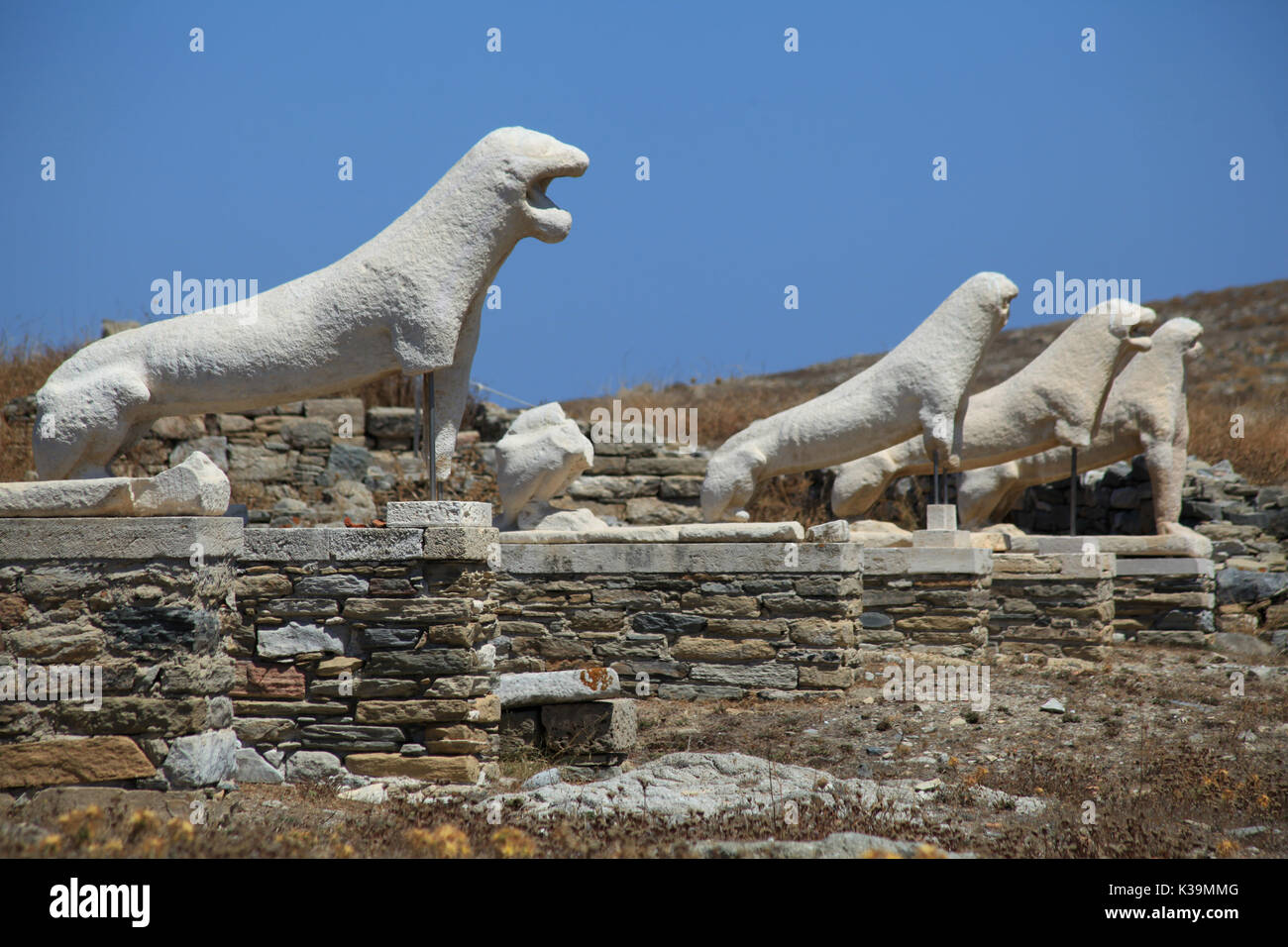 The (Naxian) Lions Terrace in the archaeological site of the 'sacred' island of Delos, Cyclades, Greece Stock Photo