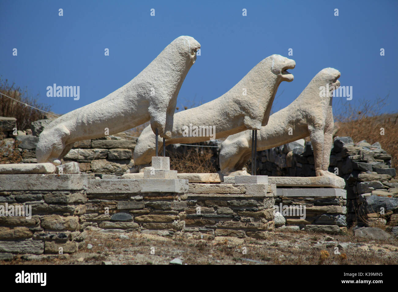 The (Naxian) Lions Terrace in the archaeological site of the 'sacred' island of Delos, Cyclades, Greece Stock Photo