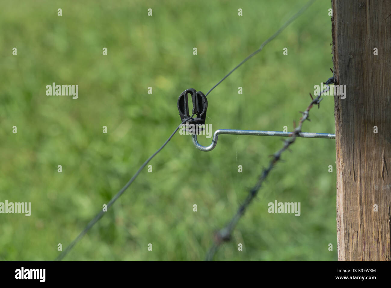 Close up connection of an electric fence. Stock Photo
