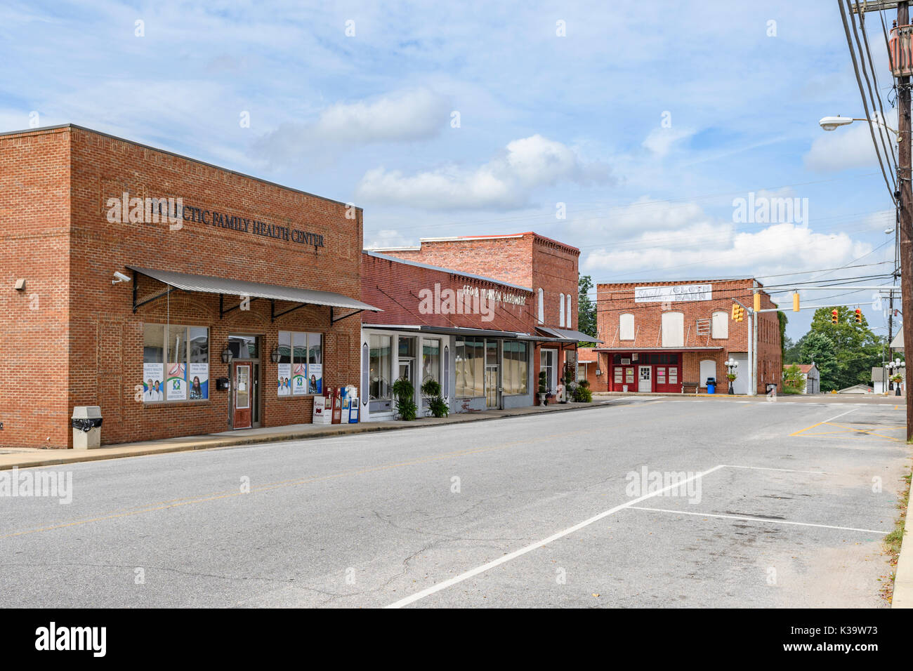 Empty downtown street in the small rural town of Eclectic Alabama, USA. Typical of small rural southern towns. Stock Photo