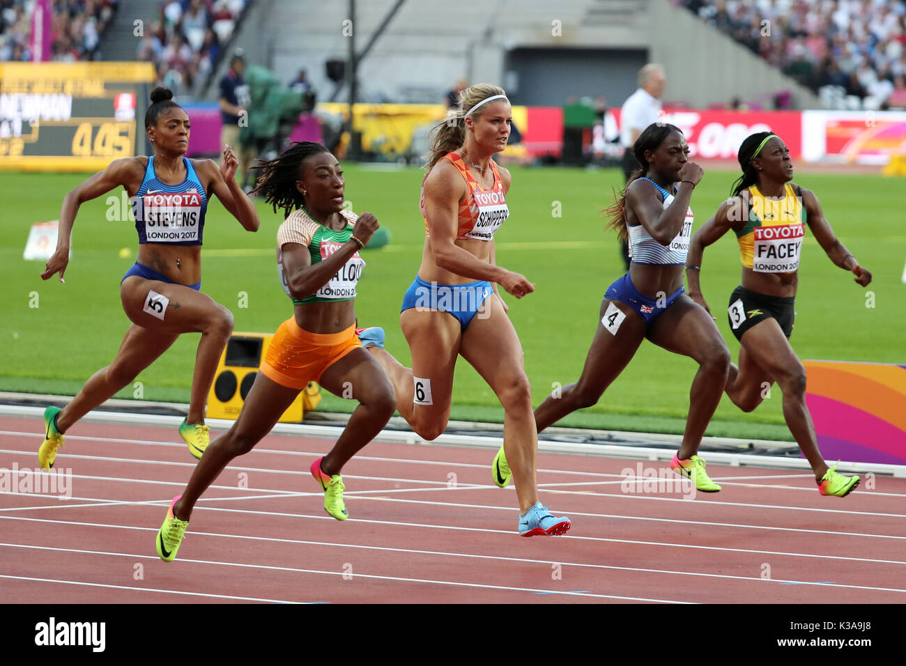 Simone FACEY (Jamaica), Daryll NEITA (Great Britain), Deajah STEVENS (United States of America), Dafne SCHIPPERS (Netherlands, Holland), Marie-Josée TA LOU (Côte d'Ivoire, Ivory Coast) competing in the Women's 100m Semi-Final 1 at the 2017, IAAF World Championships, Queen Elizabeth Olympic Park, Stratford, London, UK. Stock Photo