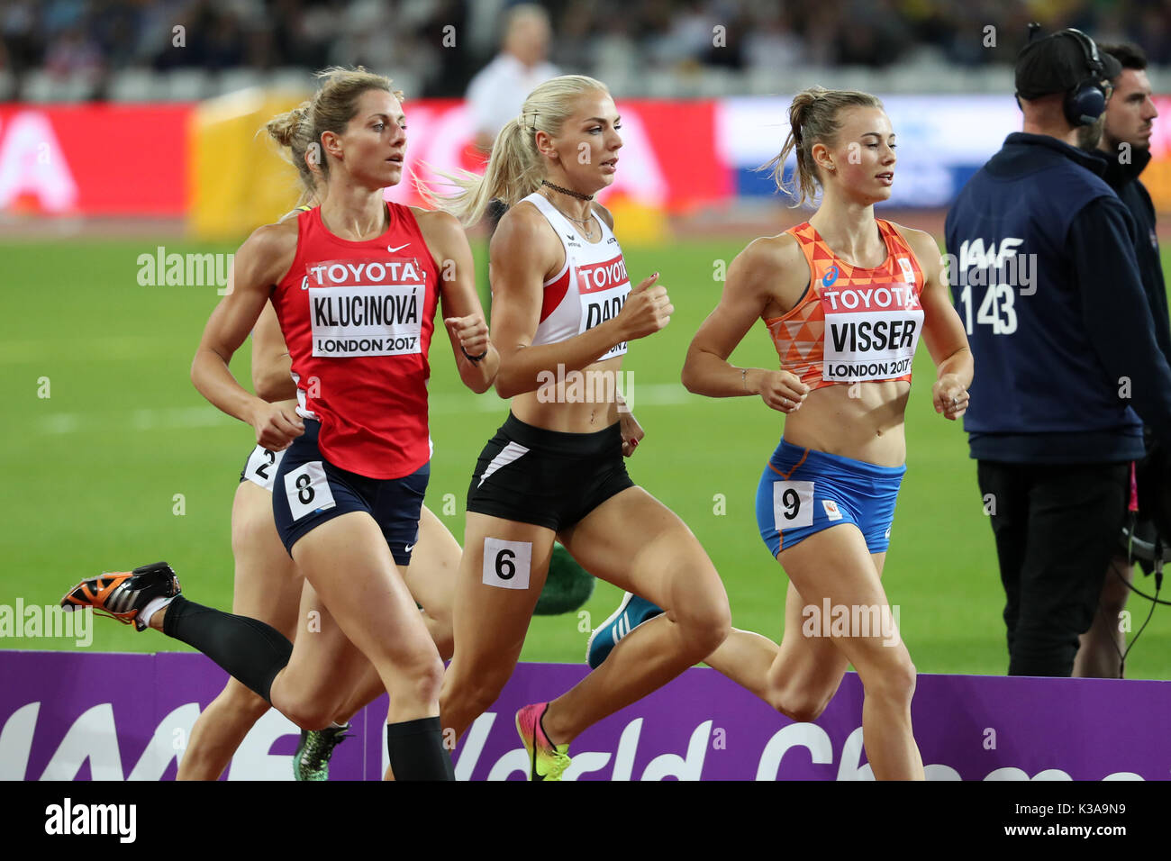 Ivona DADIC (Austria), Eliška KLUCINOVÁ (Czech Republic), Nadine VISSER ( Netherlands, Holland) competing in the Heptathlon 800m Heat 3 at the 2017,  IAAF World Championships, Queen Elizabeth Olympic Park, Stratford, London,  UK Stock