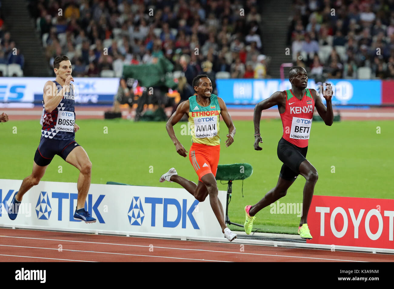 Mohammed AMAN (Ethiopia), Kipyegon BETT (Kenya), Pierre-Ambroise BOSSE (France) competing in the Men's 800m Semi-Final 3 at the 2017, IAAF World Championships, Queen Elizabeth Olympic Park, Stratford, London, UK. Stock Photo