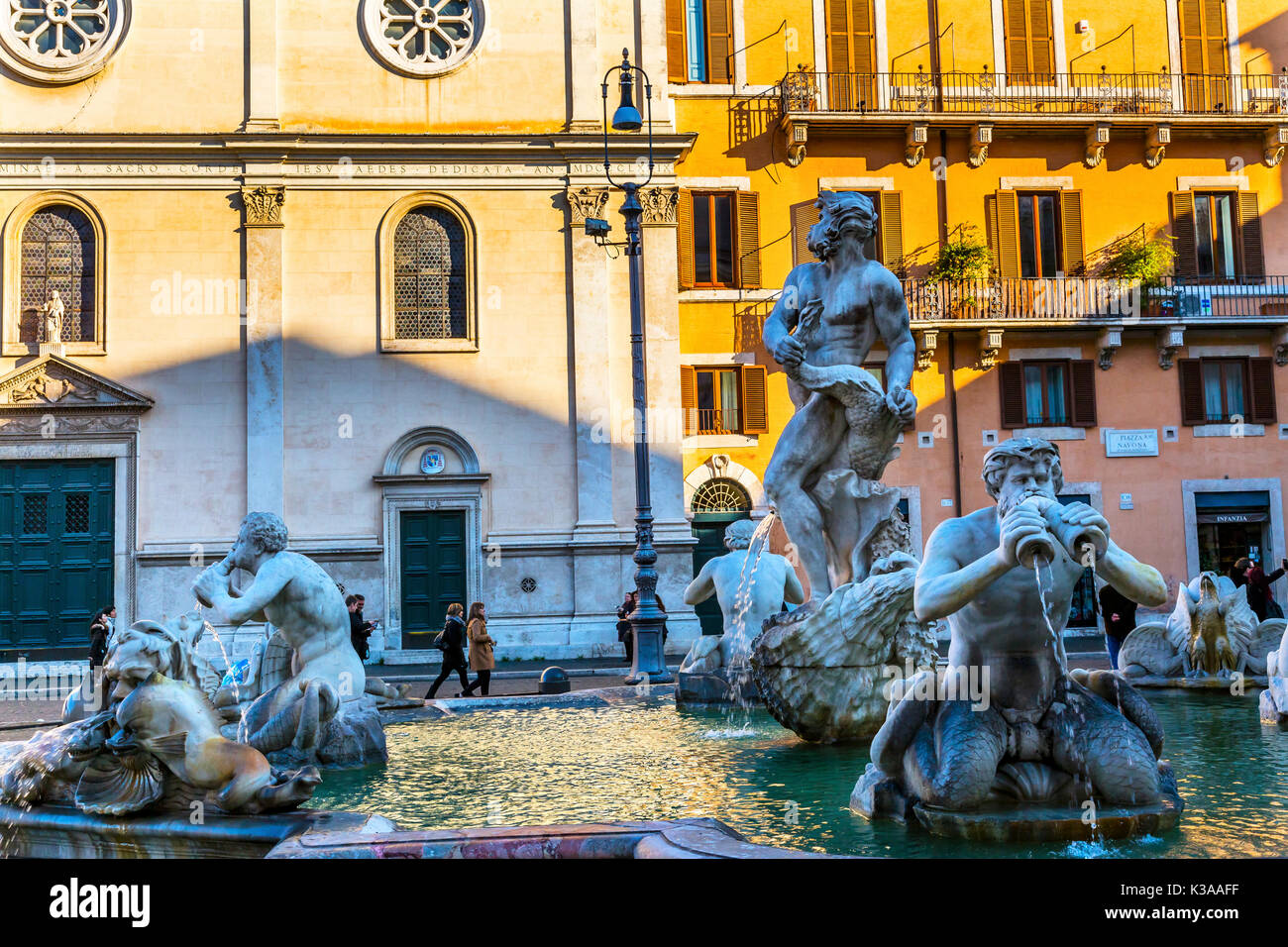 Bernini Fontana Quattro dei Fiumi Fountain Fountain of Four Rivers Piazza Navona Rome Italy.  Piazza site of Roman racetrack created in 1600s.  Bernin Stock Photo